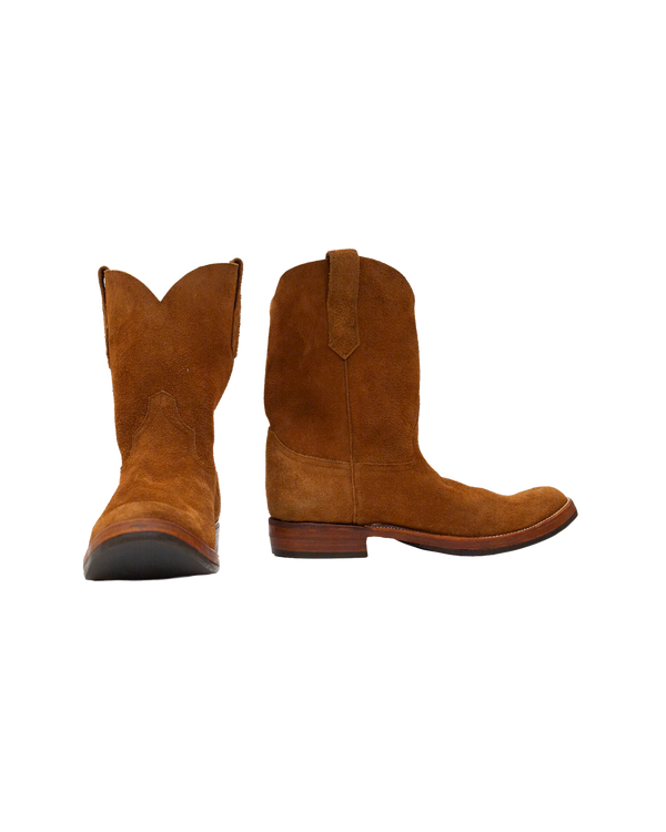 Silo Roper western-style boots in whiskey brown rough-out hide, shown from the front and side.