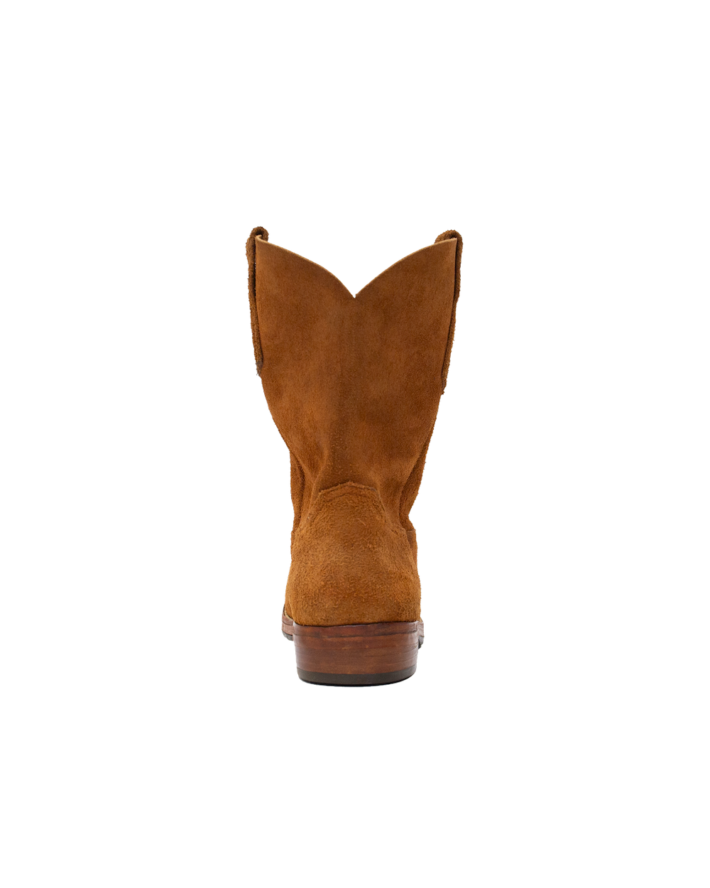 Back view of a whiskey brown, roughout hide Silo Roper cowboy boot with a stacked heel.