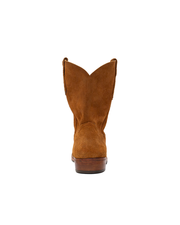 Back view of a whiskey brown, roughout hide Silo Roper cowboy boot with a stacked heel.