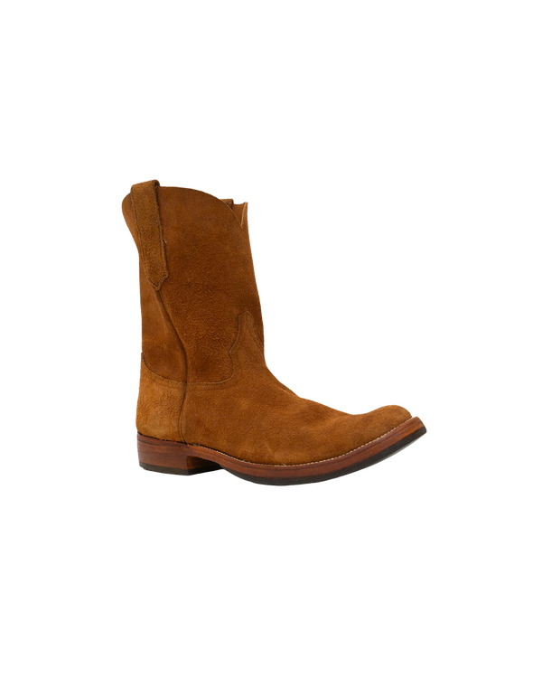 Silo Roper whiskey brown roper-style boots in rough out hide, featuring a low block heel and leather sole.