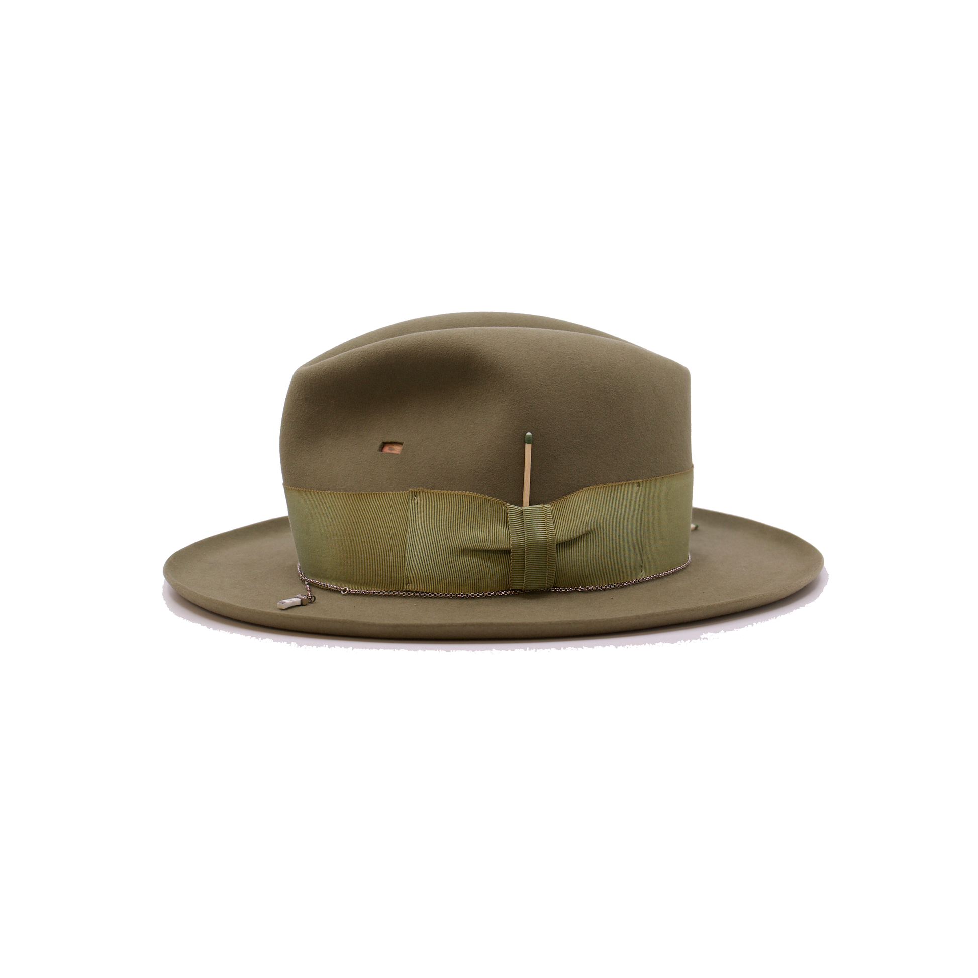 100% felt hat in Tortuga  Dress Weight  2" hand dyed tonal grosgrain band and bow   NF Italian chain on base  3 Italian ceramics cut outs on crown  Pencil curled brim  Made in USA