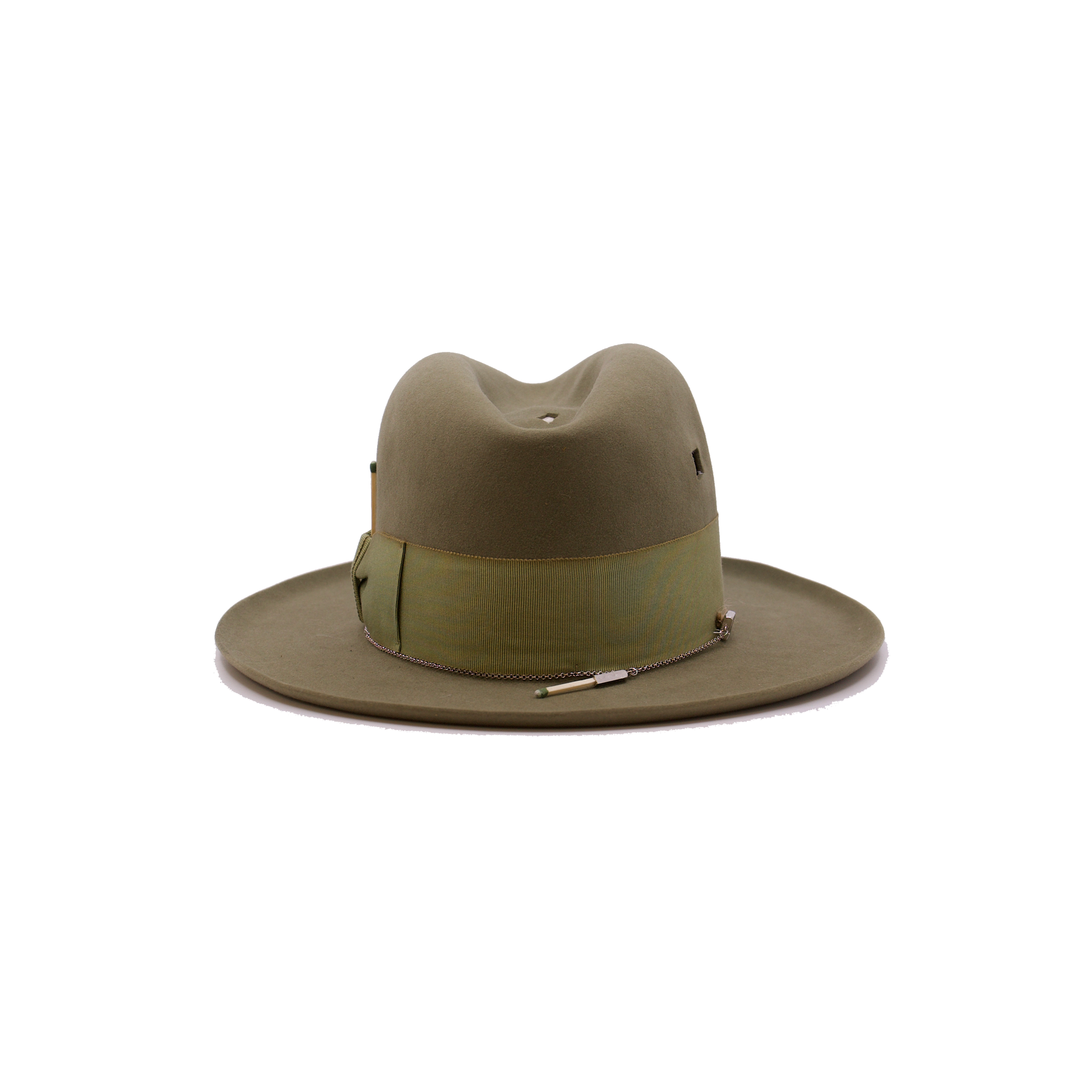 100% felt hat in Tortuga  Dress Weight  2" hand dyed tonal grosgrain band and bow   NF Italian chain on base  3 Italian ceramics cut outs on crown  Pencil curled brim  Made in USA
