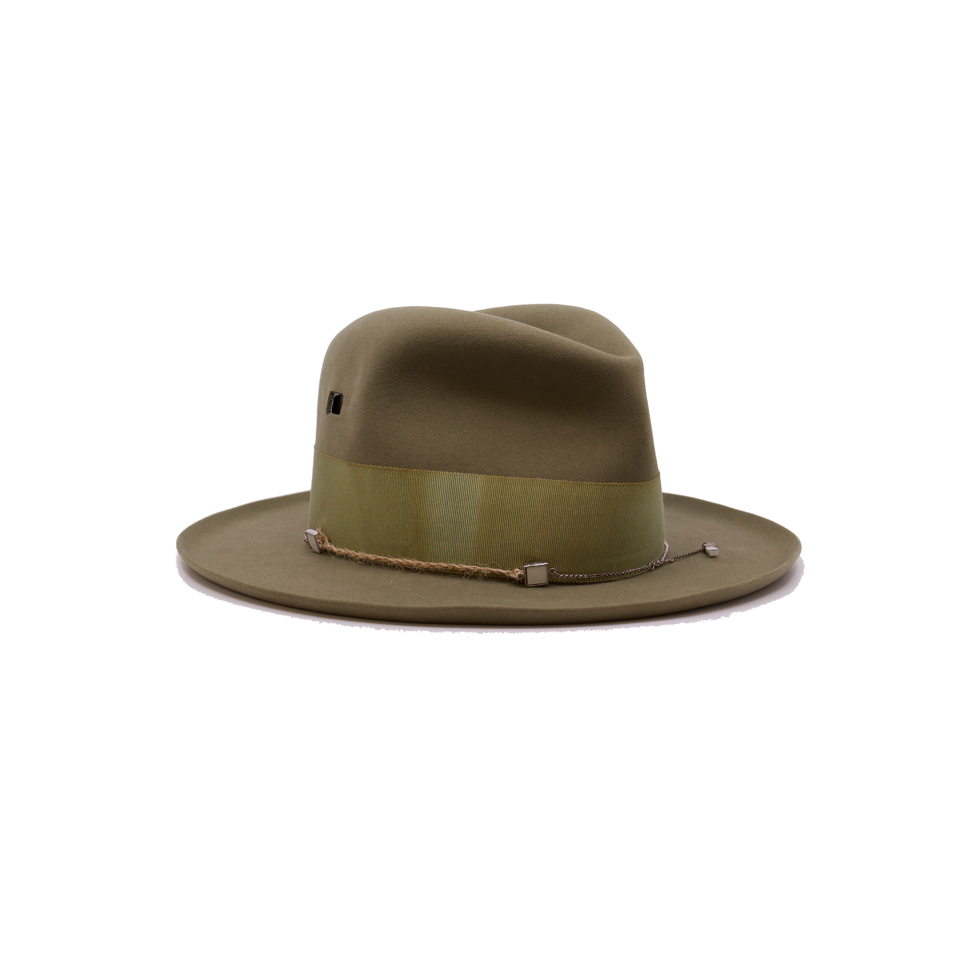 100% felt hat in Tortuga  Dress Weight  2" hand dyed tonal grosgrain band and bow   NF Italian chain on base  3 Italian ceramics cut outs on crown  Pencil curled brim  Made in USA
