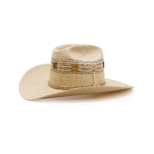 100% Mexican straw in Natural Tan Wrapped twine band  Multi color square stitching on crown Woven in Mexico Cowboy flanged brim Made in USA