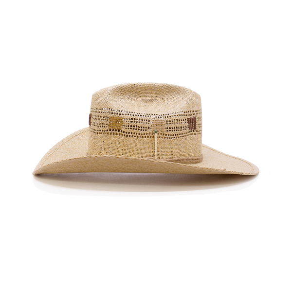 100% Mexican straw in Natural Tan Wrapped twine band  Multi color square stitching on crown Woven in Mexico Cowboy flanged brim Made in USA