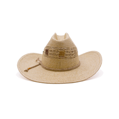 100% Mexican straw in Natural Tan Wrapped twine band  Multi color square stitching on crown Woven in Mexico Cowboy flanged brim Made in USA