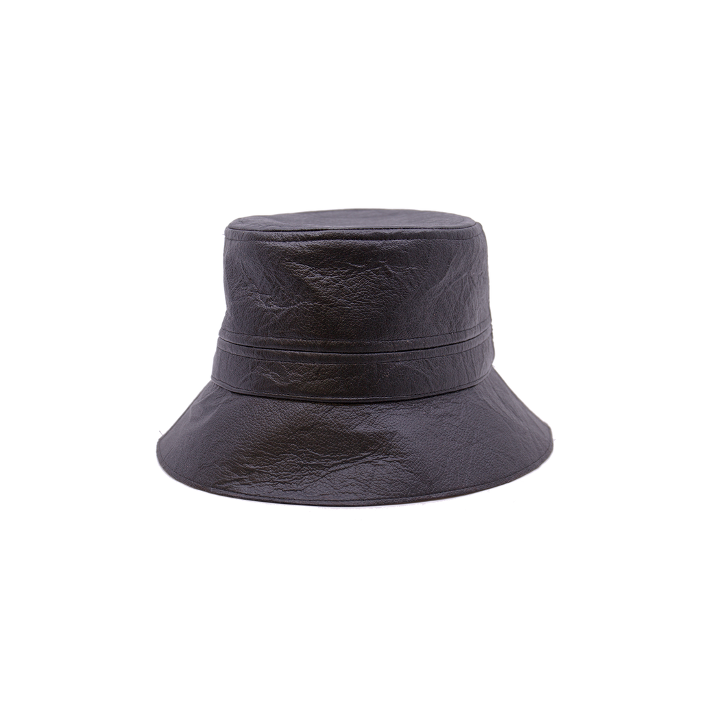100%  Reishi™ bucket hat  MycoWorks Fine Mycelium™ leather alternative   Black edge binding  NF cloth swag clip  NF striped linen liner  Made in California
