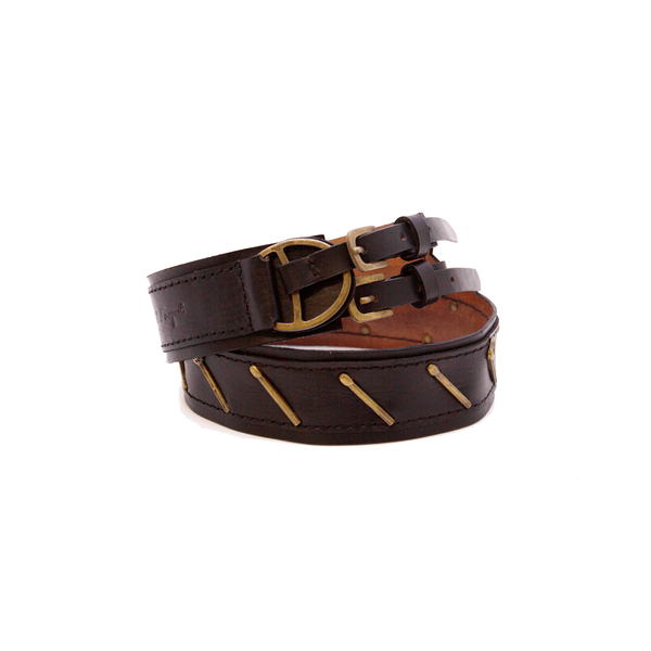 Vegetable tanned saddle leather belt in black Double brass buckle NF matchstick conchos