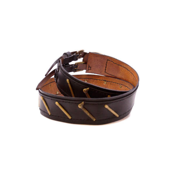 Vegetable tanned saddle leather belt in black Double brass buckle NF matchstick conchos
