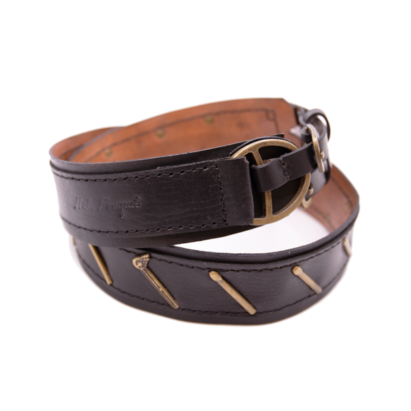 Vegetable tanned saddle leather belt in black Double brass buckle NF matchstick conchos