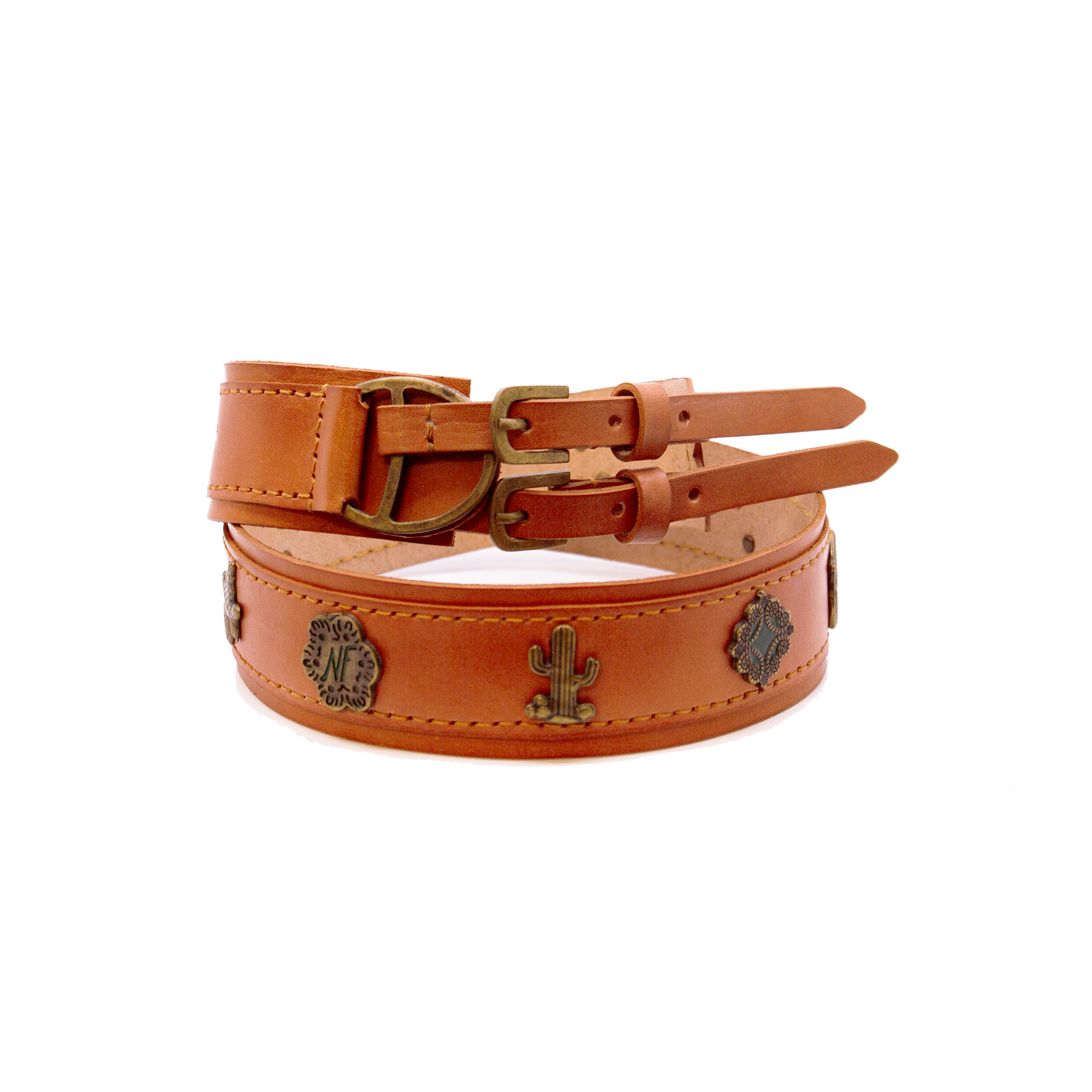 Vegetable tanned saddle leather belt in natural Double brass buckle NF icon conchos