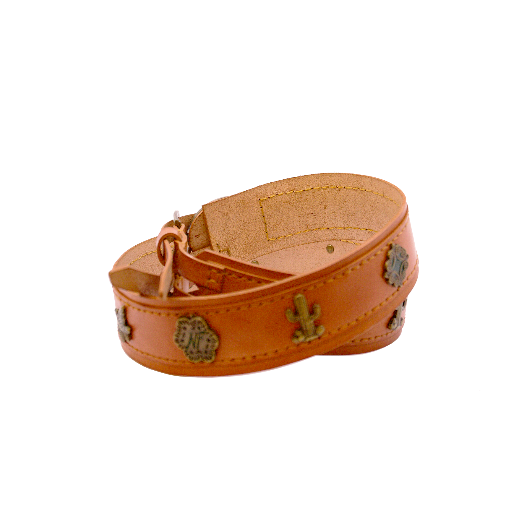Vegetable tanned saddle leather belt in natural Double brass buckle NF icon conchos