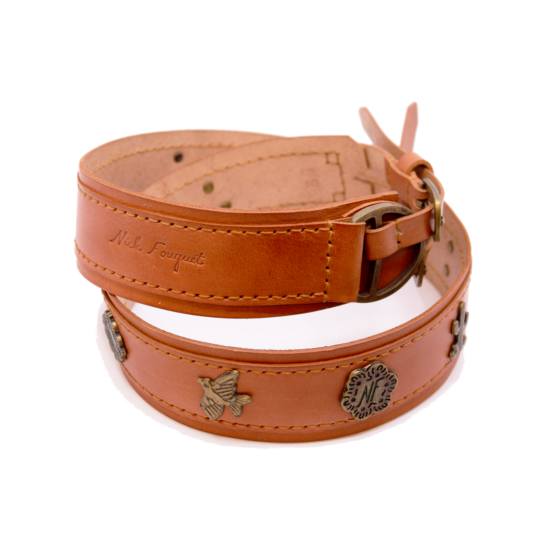 Vegetable tanned saddle leather belt in natural Double brass buckle NF icon conchos
