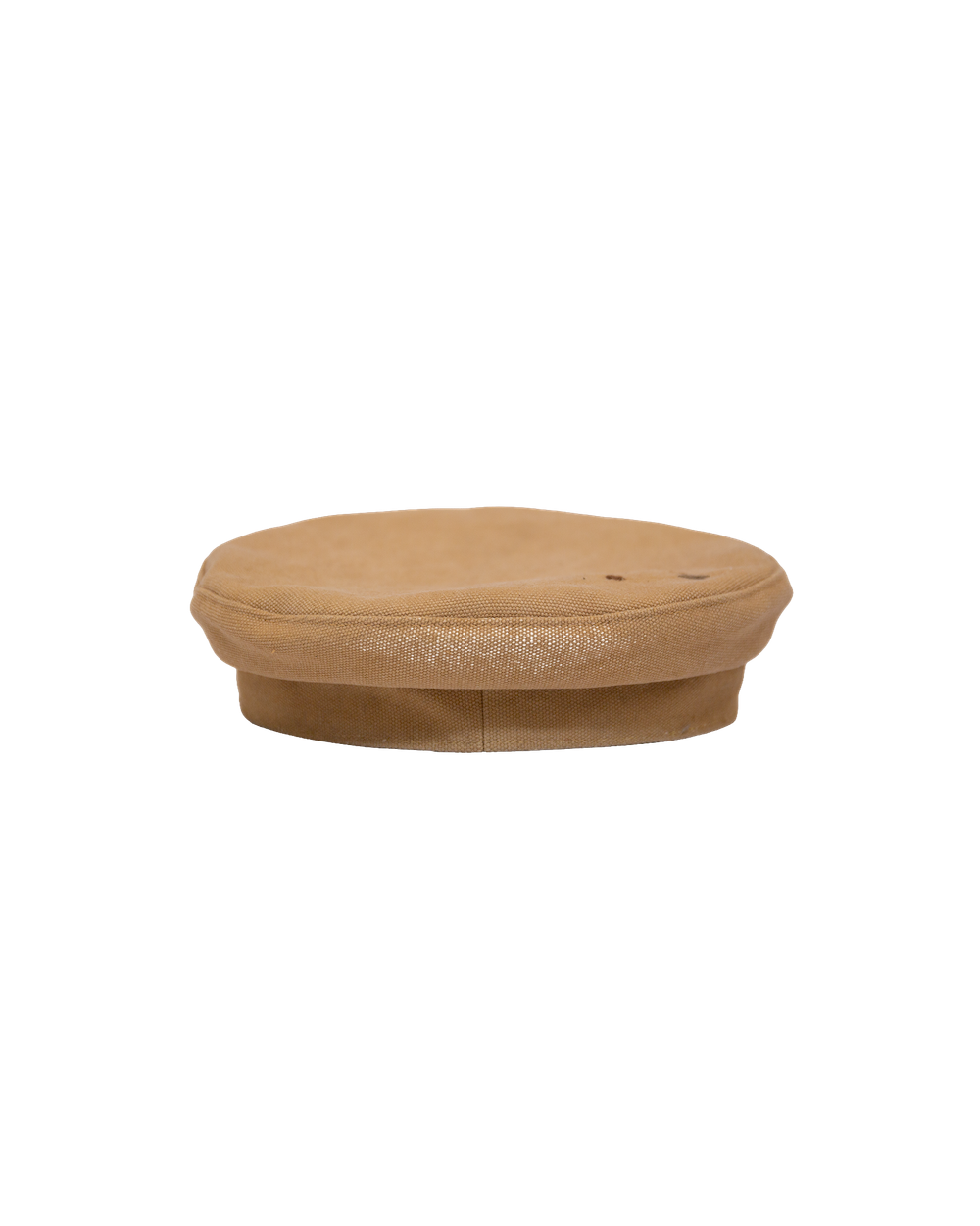 Side view of the Alcyon tan canvas flat cap with a vachetta brim.