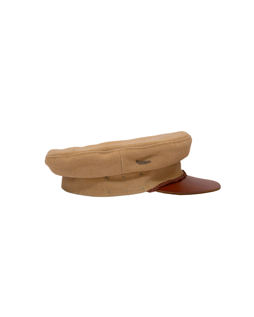 Alcyon tan canvas captain’s hat featuring a vachetta brim and braided cord trim.