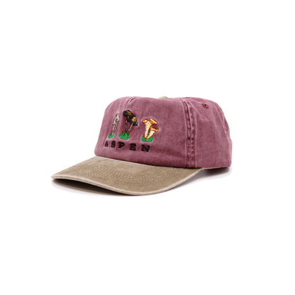 Washed cotton twill baseball cap  Purple crown, moss green brim and button   Aspen mushroom embroidery at front  Embroidered matchstick on reverse side  One size fits all  Made in Los Angeles 