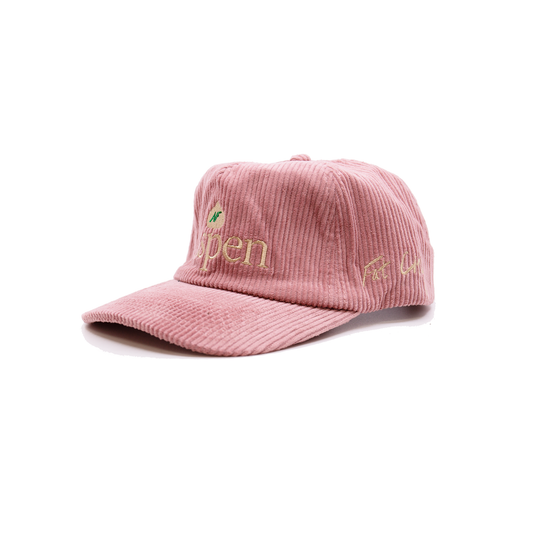 Pink corduroy baseball cap  NF Aspen leaf  embroidery graphic at front  Fat city embroidery on side  Embroidered matchstick on reverse side  One size fits all  Made in Los Angeles 