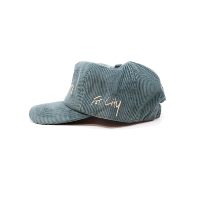 Teal blue corduroy baseball cap NF Aspen leaf  embroidery at  front Fat city embroidery at side One size fits all