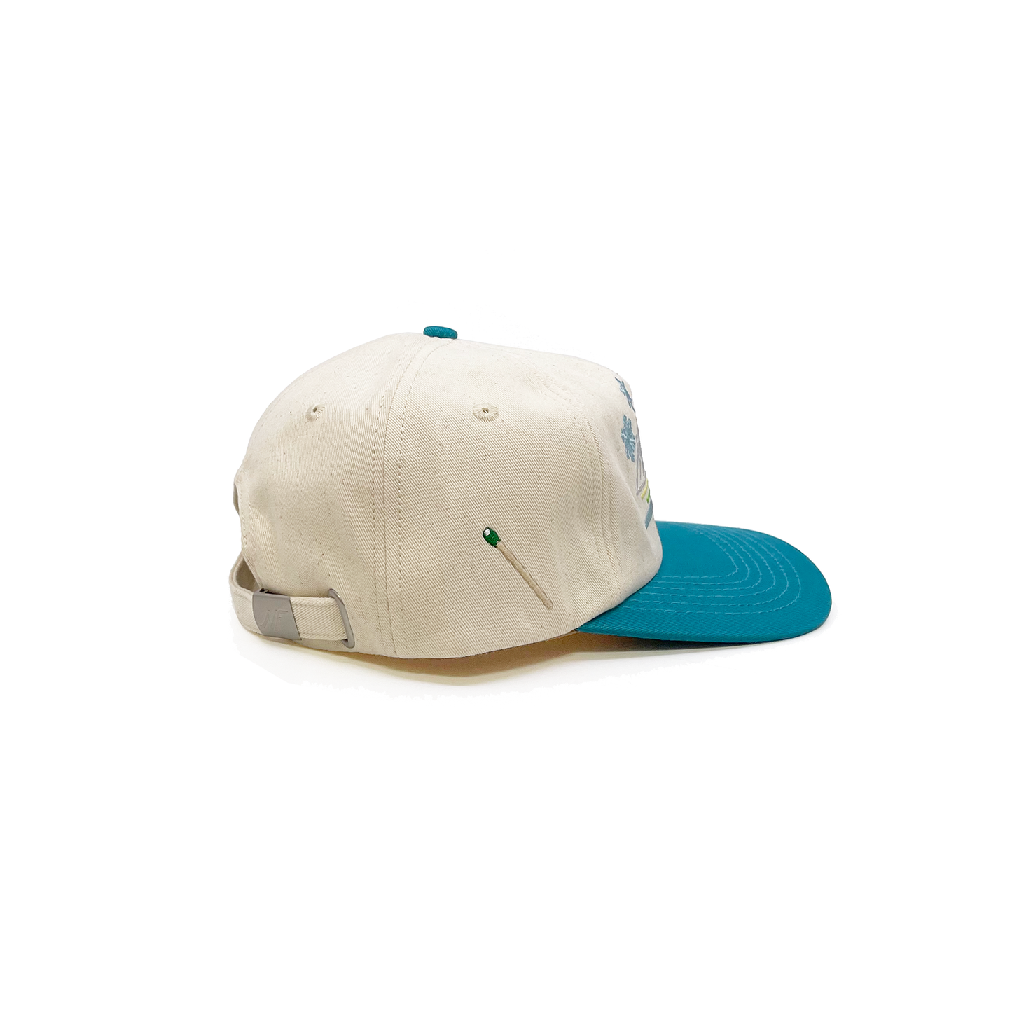 100% cotton in Cream/Teal cap  Multicolor embroidered 'Aspen' graphic  Moustarde embroidered “Where the bluebirds sing and there’s a whiskey spring” message on side  Embroidered matchstick on reverse side  One size fits all  Made in Los Angeles 