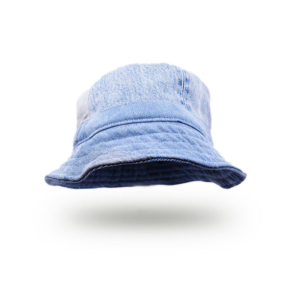 100% cotton bucket hat in blue denim  Deadstock denim patchwork   Actual product may differ from pictured due to limited nature of deadstock fabric  Made in LA