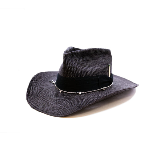 100%  Ecuadorian straw hat in Black   1 ½” herringbone band & Bow  Alternating silver chain with silver leaf accouterments     Woven in Ecuador  Western flanged brim  Made in USA 