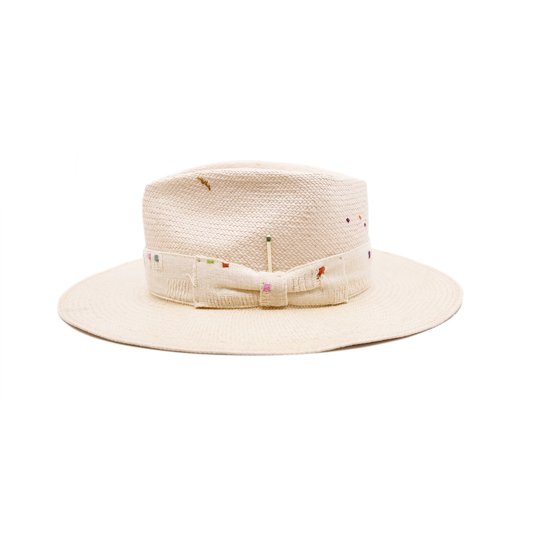 100%  ecuadorian straw hat  in Nude  2” Tonal woven band   Multi color embroidery throughout the band and crown   Woven in Ecuador  Wavy brim   Made in USA 