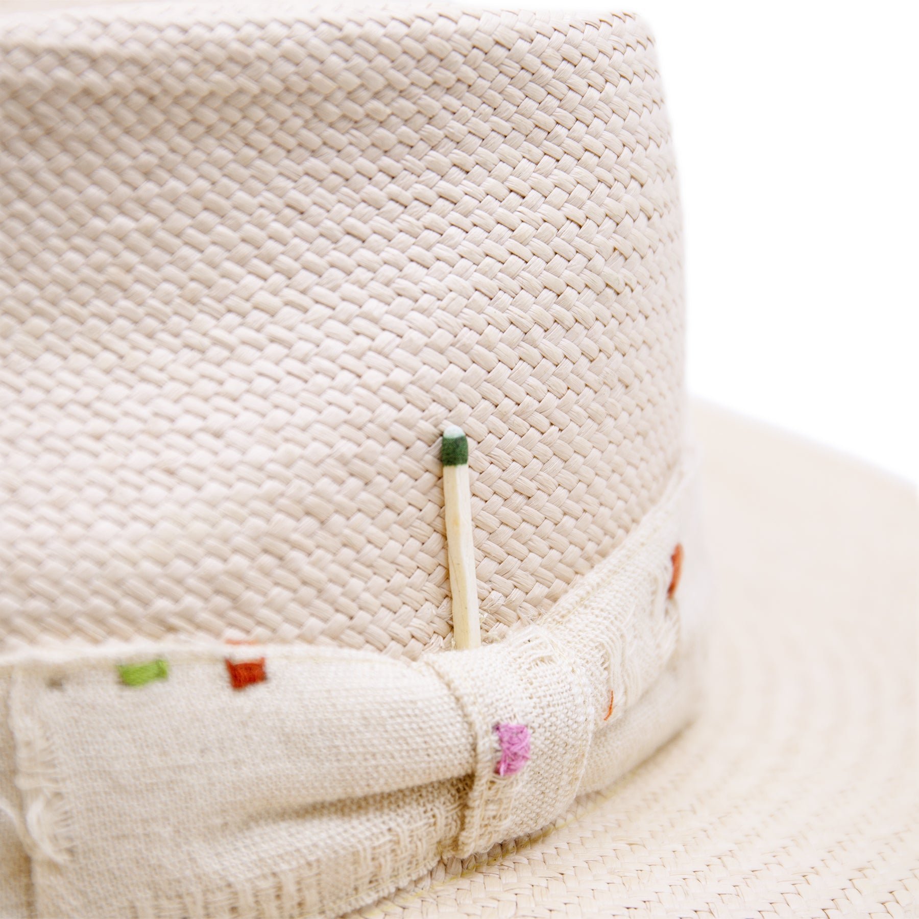 100%  ecuadorian straw hat  in Nude  2” Tonal woven band   Multi color embroidery throughout the band and crown   Woven in Ecuador  Wavy brim   Made in USA 