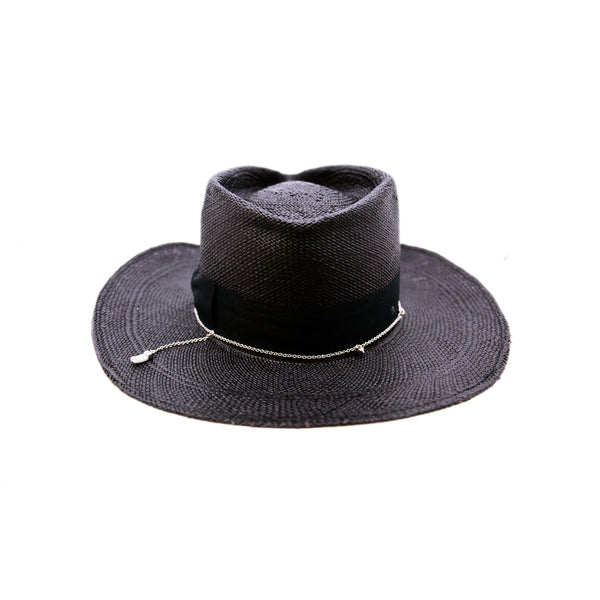 100%  Ecuadorian straw hat in Black   1 ½” herringbone band & Bow  Alternating silver chain with silver leaf accouterments     Woven in Ecuador  Western flanged brim  Made in USA 