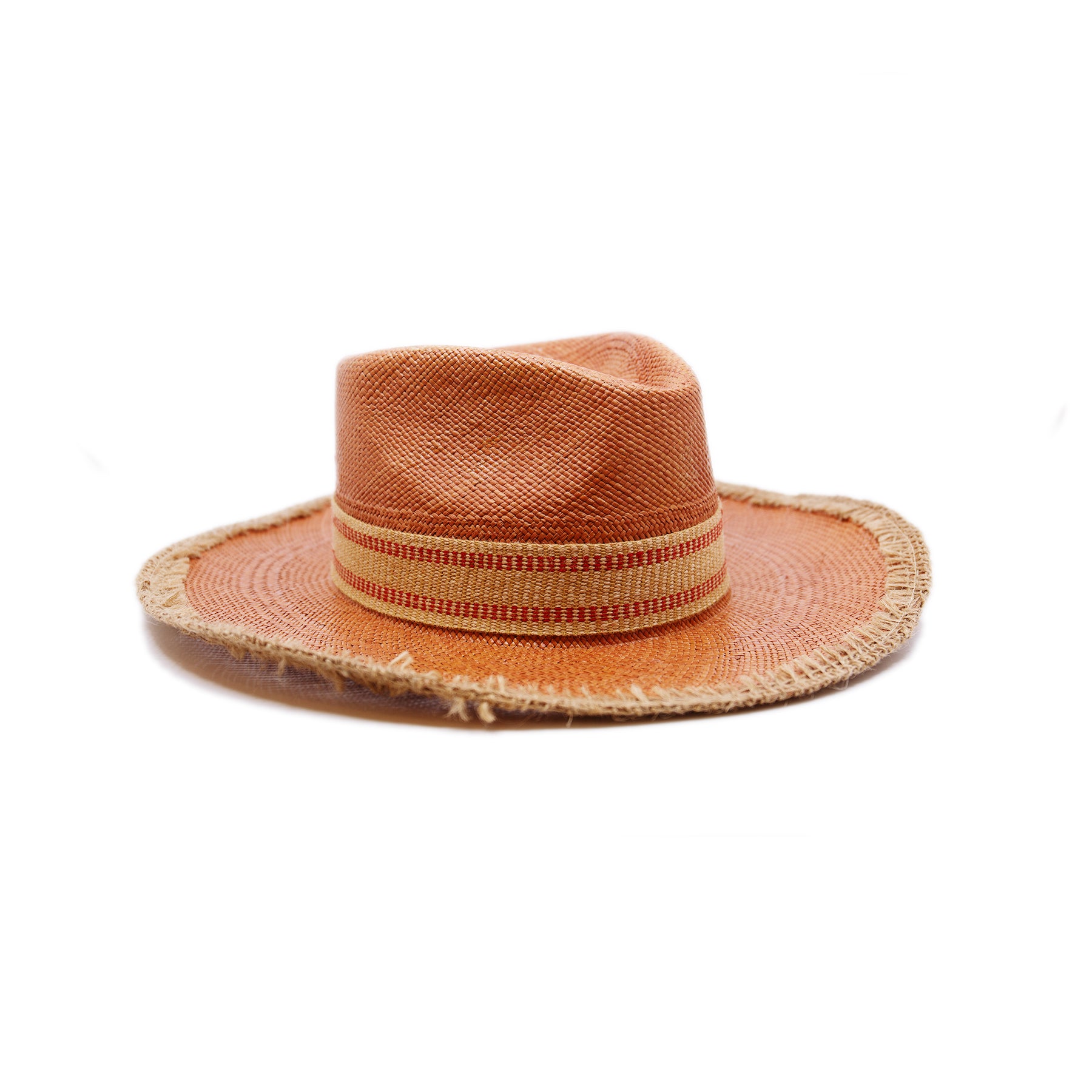 100%  Ecuadorian straw  in Terracotta  2” Two tone hemp band   Open weave hemp binding   Woven in Ecuador  Subtle western flanged brim  Made in USA 