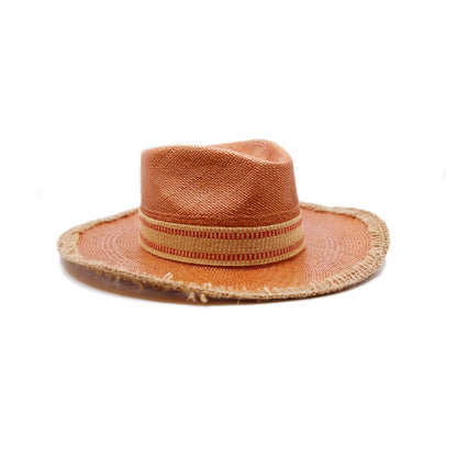 100%  Ecuadorian straw  in Terracotta  2” Two tone hemp band   Open weave hemp binding   Woven in Ecuador  Subtle western flanged brim  Made in USA 