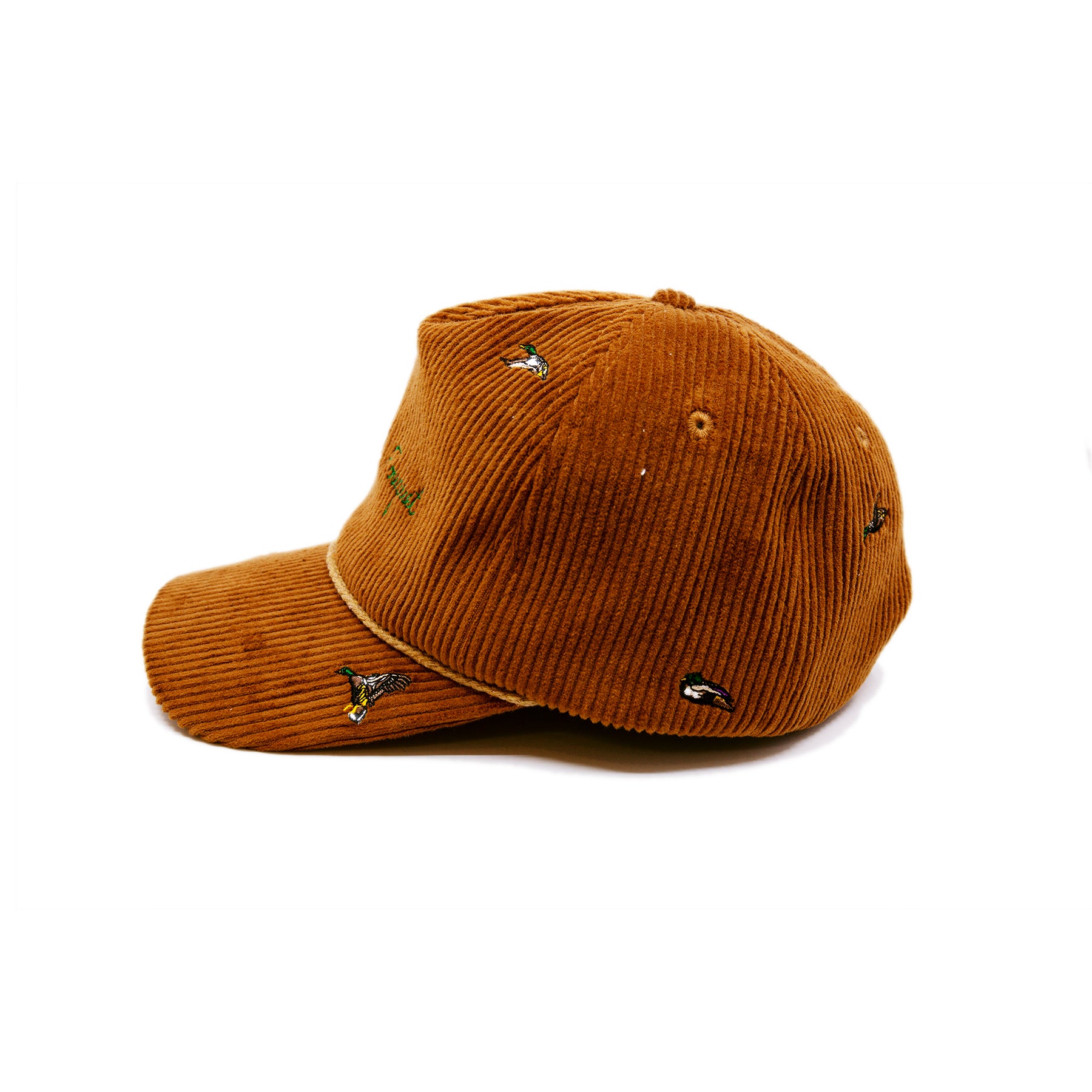 Green Mallard Cap  100% corduroy in Camel  Multicolor mallard duck embroidery throughout  Nick Fouquet embroidery   Braided rope on bill  Aspen embroidery on strap  Embroidered matchstick on reverse side  One size fits all  Made in Los Angeles 