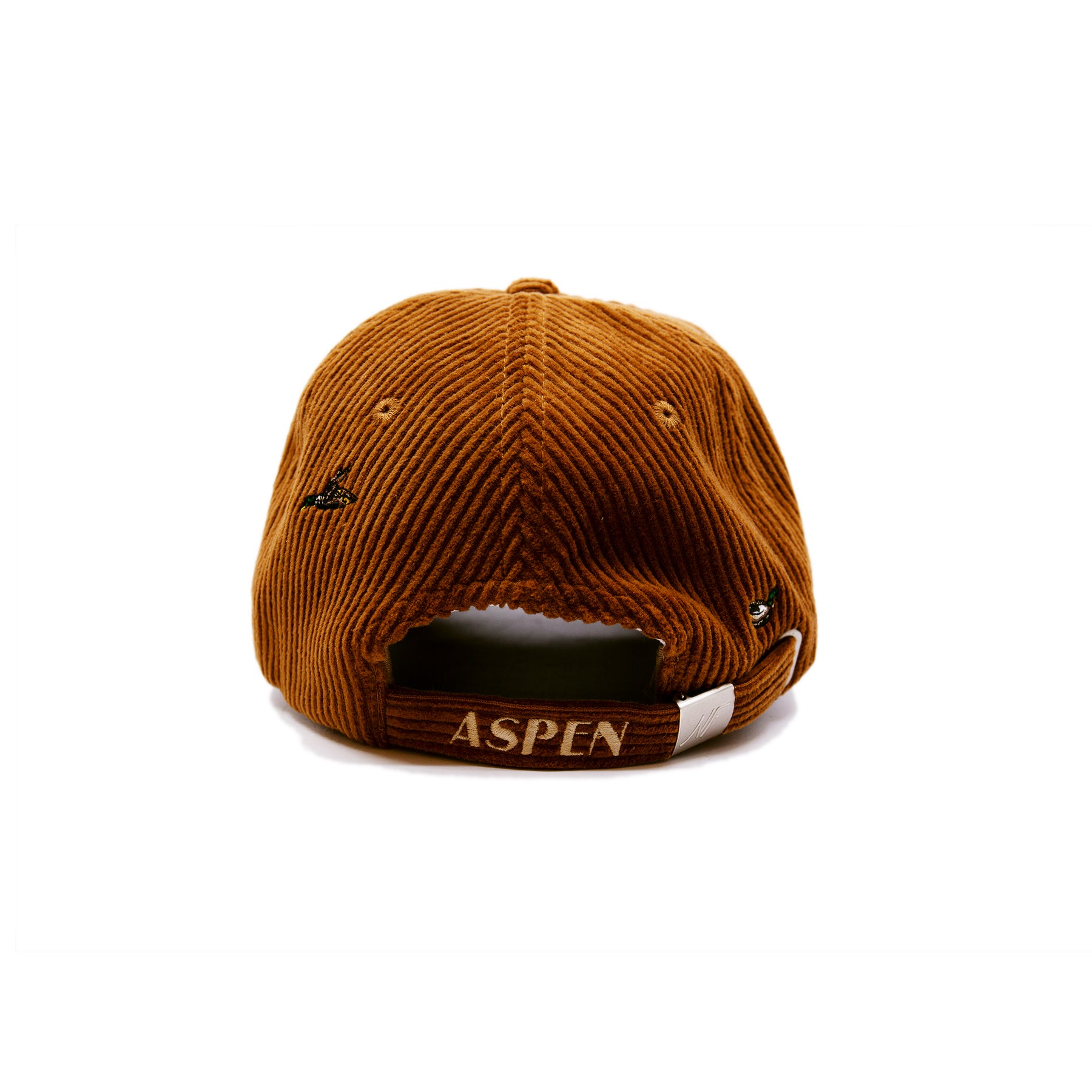 Green Mallard Cap  100% corduroy in Camel  Multicolor mallard duck embroidery throughout  Nick Fouquet embroidery   Braided rope on bill  Aspen embroidery on strap  Embroidered matchstick on reverse side  One size fits all  Made in Los Angeles 