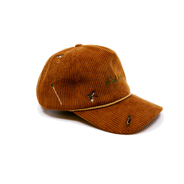 Green Mallard Cap  100% corduroy in Camel  Multicolor mallard duck embroidery throughout  Nick Fouquet embroidery   Braided rope on bill  Aspen embroidery on strap  Embroidered matchstick on reverse side  One size fits all  Made in Los Angeles 