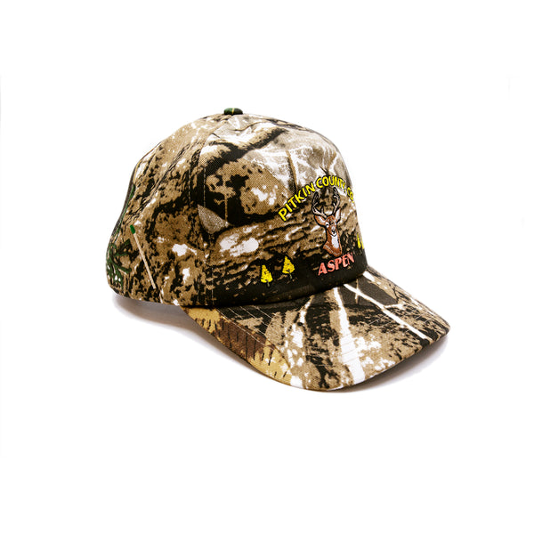 Pitkin County Cap  100% cotton in Camouflage  Multicolor Embroidered 'Pitkin County, CO Aspen' graphic  Nick Fouquet embroidery on back  Embroidered matchstick on reverse side  One size fits all  Made in Los Angeles 