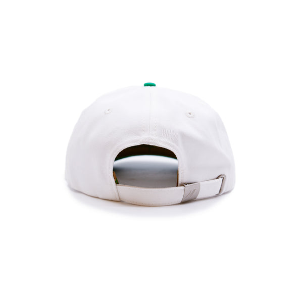 Aspen Tourist Cap  100% cotton in Cream/Green  Multicolor Embroidered 'Aspen' graphic  Yellow embroidered “Where the bluebirds sing and there’s a whiskey spring” message on side  Embroidered matchstick on reverse side  One size fits all  Made in Los Angeles 