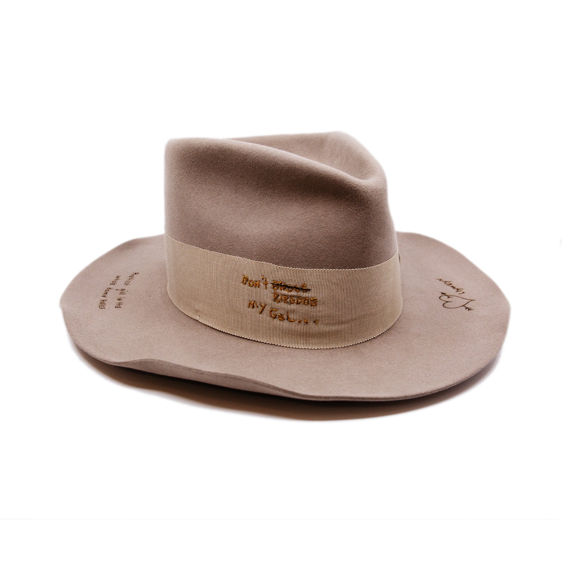 Moonshiner Hat  100% felt hat in Natural  Western Weight  2” grosgrain Butterfly Bow  "Sleepy Holler phrases branded and hand embroidered throughout crown and brim"  Wavy brim  Made in USA