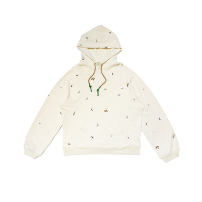 100% cotton french terry  Allover Aspen mountain scene print   Thick rib waistband and cuffs  Twine rope drawstrings with rubberized green ends  Matchstick embroidery  Made in Los Angeles