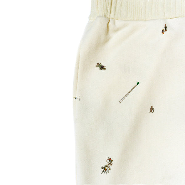 100% cotton french terry  Allover Aspen mountain scene print   Thick rib waistband  Matchstick embroidery  Made in Los Angeles
