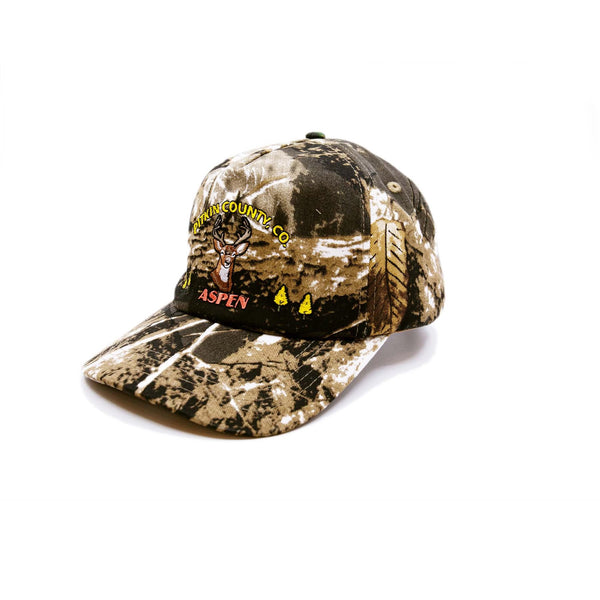Pitkin County Cap  100% cotton in Camouflage  Multicolor Embroidered 'Pitkin County, CO Aspen' graphic  Nick Fouquet embroidery on back  Embroidered matchstick on reverse side  One size fits all  Made in Los Angeles 