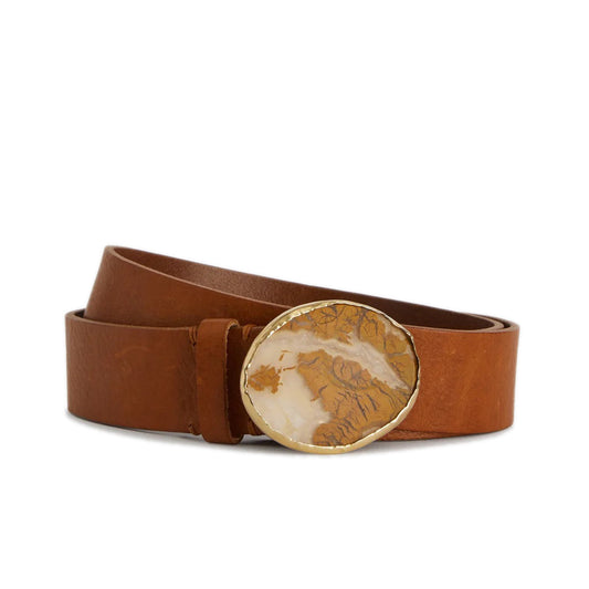  Ulsino Belt  Brown calfskin leather belt Gold-tone trimmed, white and brown marble stone buckle Country of origin: Italy