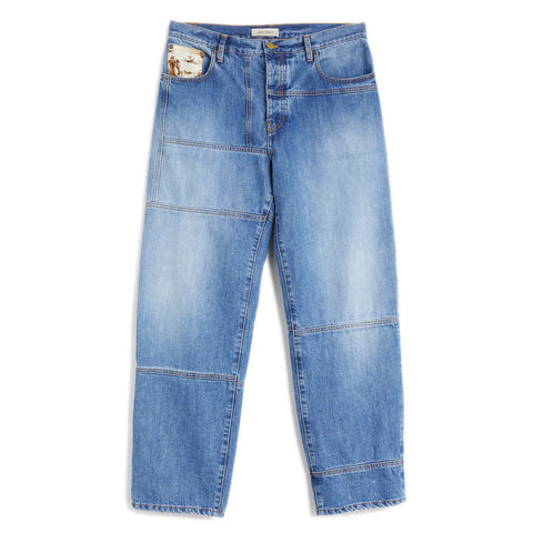 VENUSTO PANTS Blue Denim jeans Patchwork washed denim pants  NF logo stud buttons and leather patch Left back and fifth pocket in Texas Panama print  Hidden message label inside Composition: 100% cotton Dry clean Country of origin: Italy