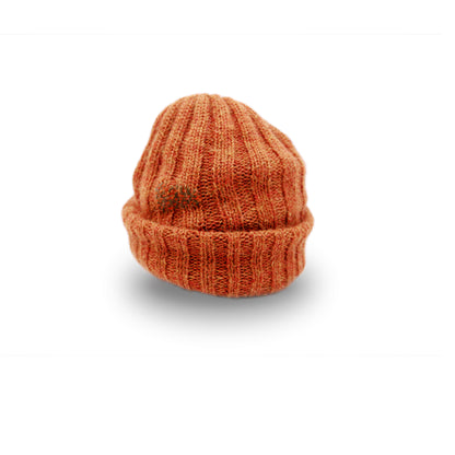 100% Baby Alpaca wool ribbed beanie in Rusted Blade  Multicolored hand-embroidered mending  Made in Los Angeles