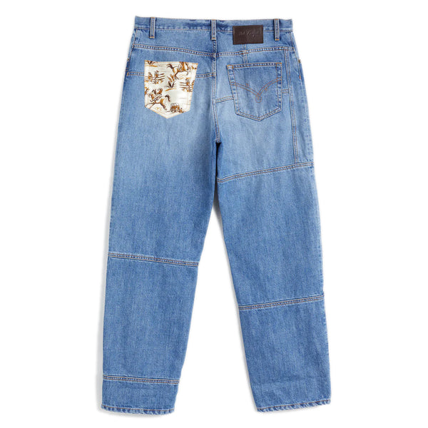 VENUSTO PANTS Blue Denim jeans Patchwork washed denim pants  NF logo stud buttons and leather patch Left back and fifth pocket in Texas Panama print  Hidden message label inside Composition: 100% cotton Dry clean Country of origin: Italy