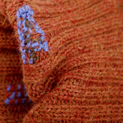 100% Baby Alpaca wool ribbed beanie in Rusted Blade  Multicolored hand-embroidered mending  Made in Los Angeles