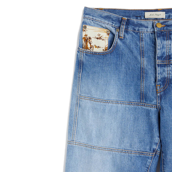 VENUSTO PANTS Blue Denim jeans Patchwork washed denim pants  NF logo stud buttons and leather patch Left back and fifth pocket in Texas Panama print  Hidden message label inside Composition: 100% cotton Dry clean Country of origin: Italy