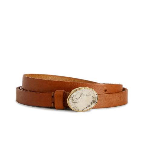 UHL BELT Brown calfskin leather belt Gold-tone trimmed, white marble stone buckle Country of origin: Italy