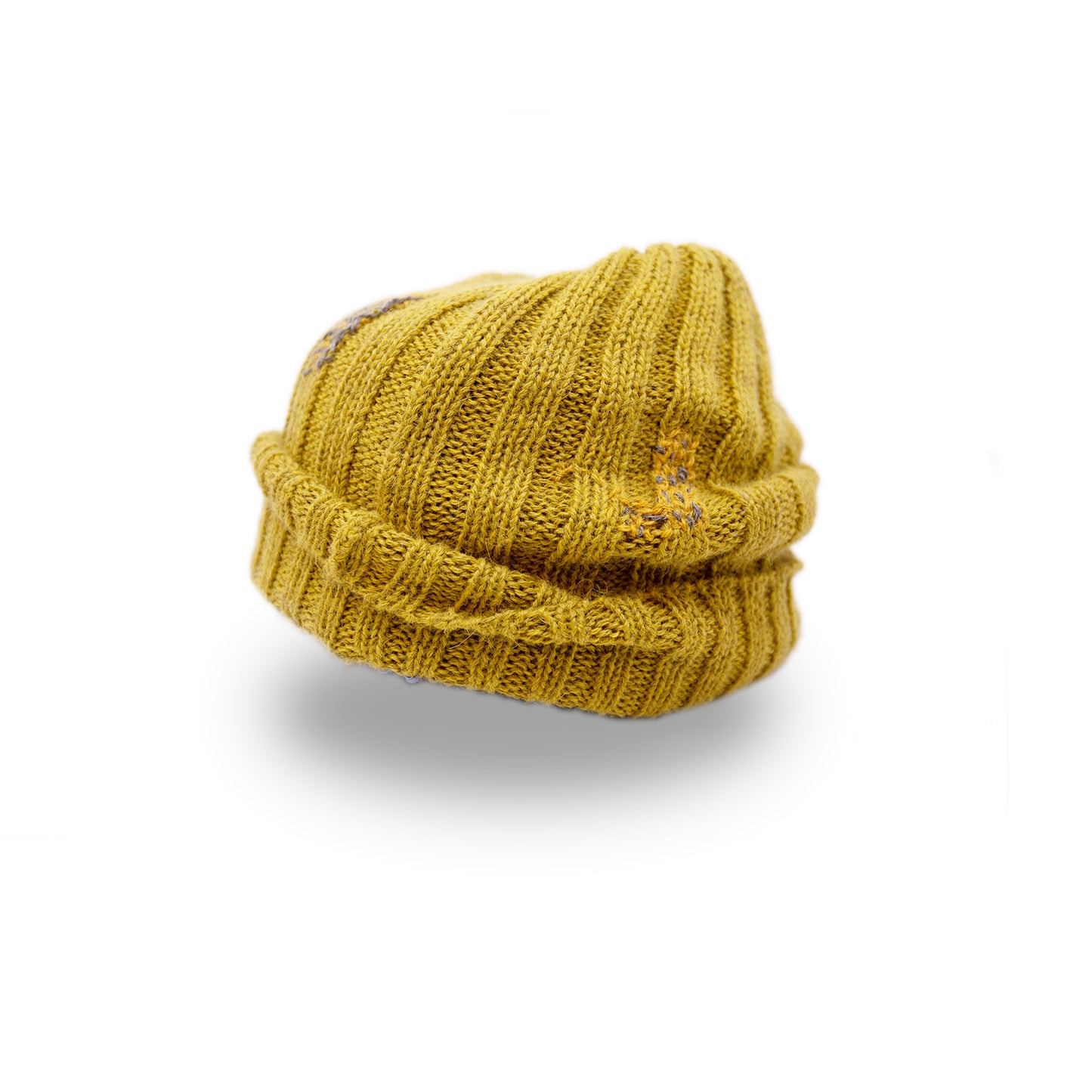 100% Baby Alpaca wool ribbed beanie in Olive Oil  Multicolored hand-embroidered mending  Made in Los Angeles
