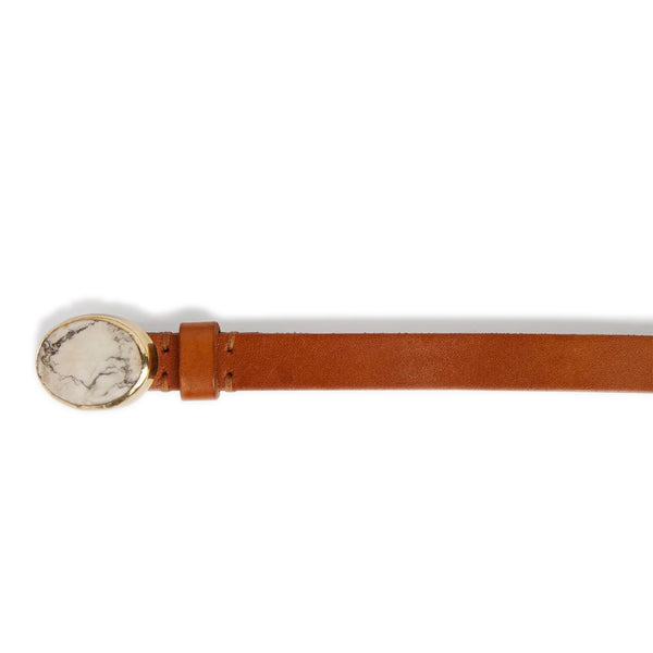 UHL BELT Brown calfskin leather belt Gold-tone trimmed, white marble stone buckle Country of origin: Italy