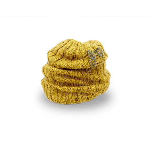 100% Baby Alpaca wool ribbed beanie in Olive Oil  Multicolored hand-embroidered mending  Made in Los Angeles