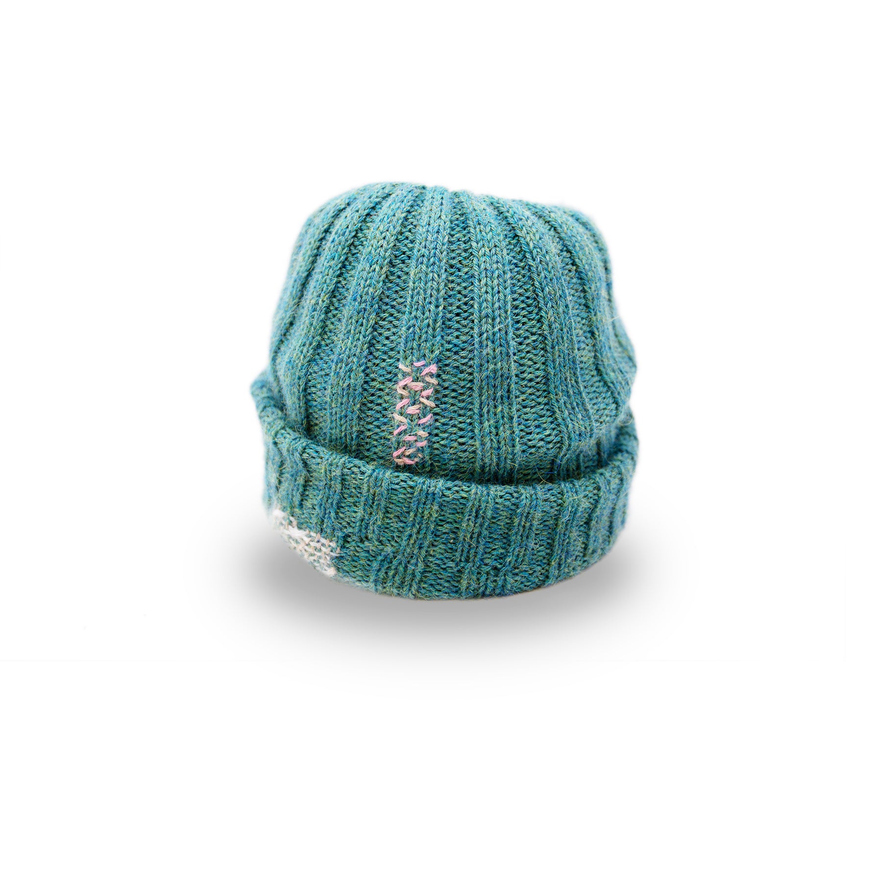 100% Baby Alpaca wool ribbed beanie in Pacific Ocean Blue  Multicolored hand-embroidered mending  Made in Los Angeles
